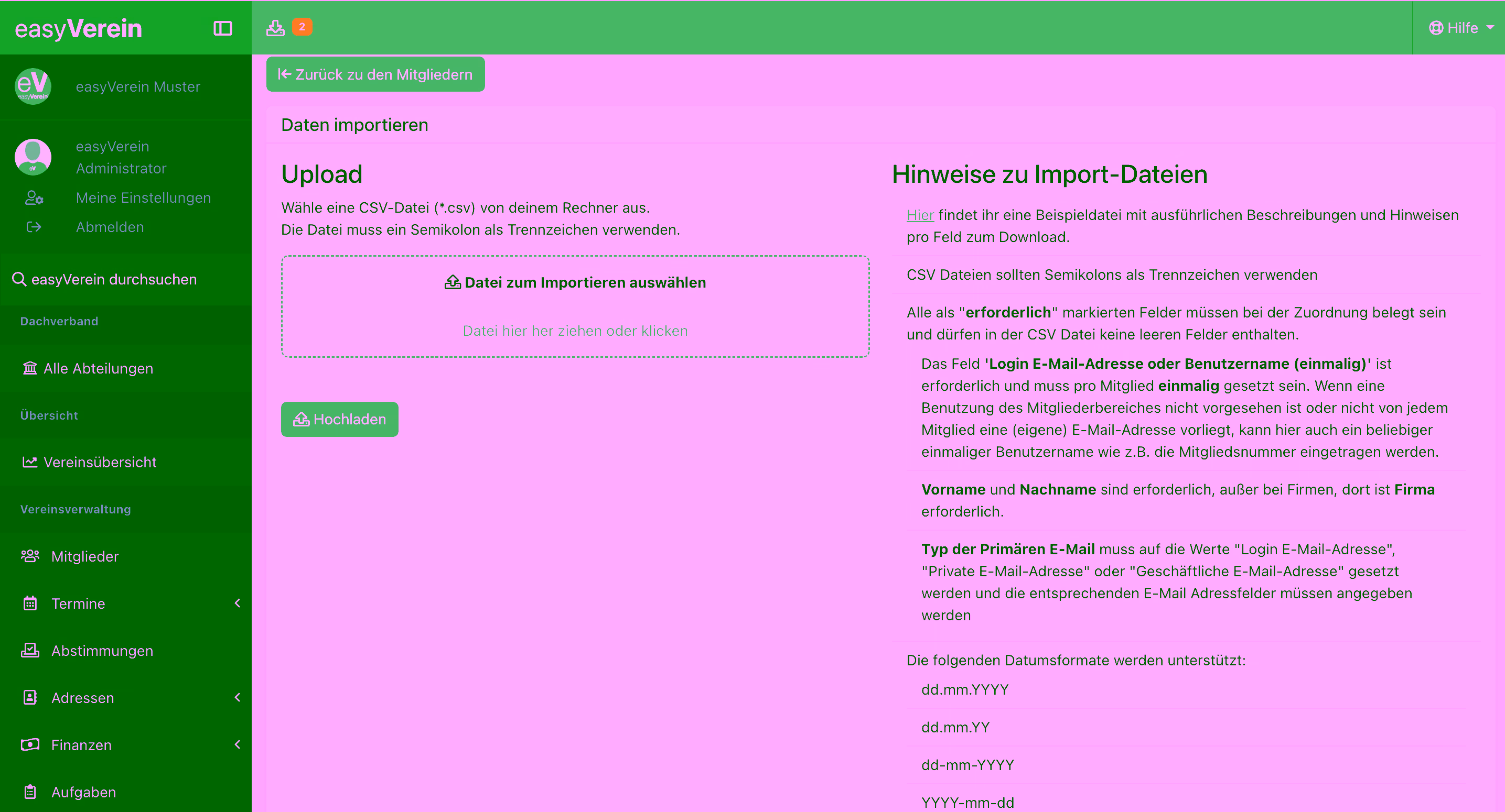 Screenshot Datenimport und -export