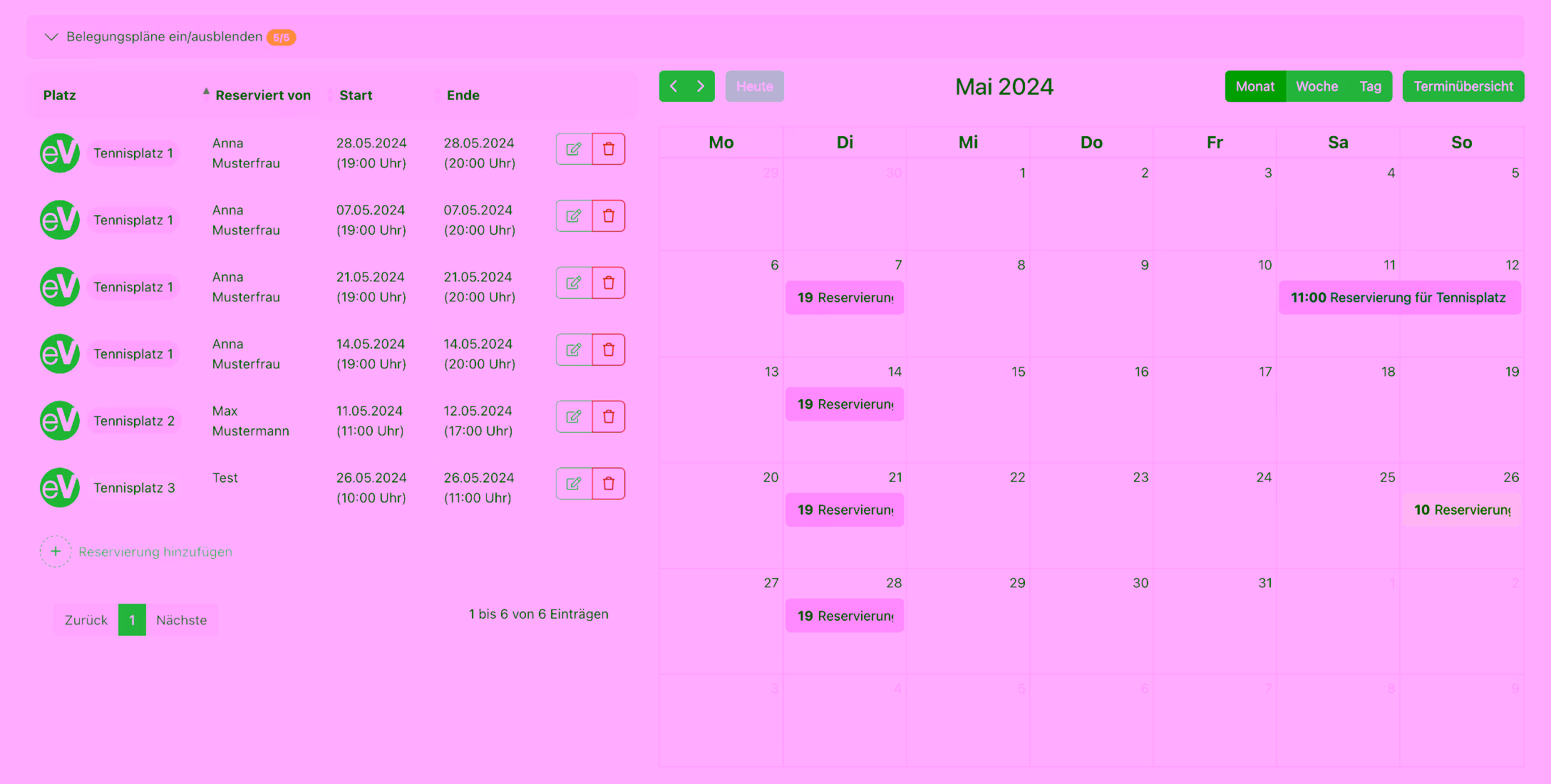 Screenshot Reservierungen
