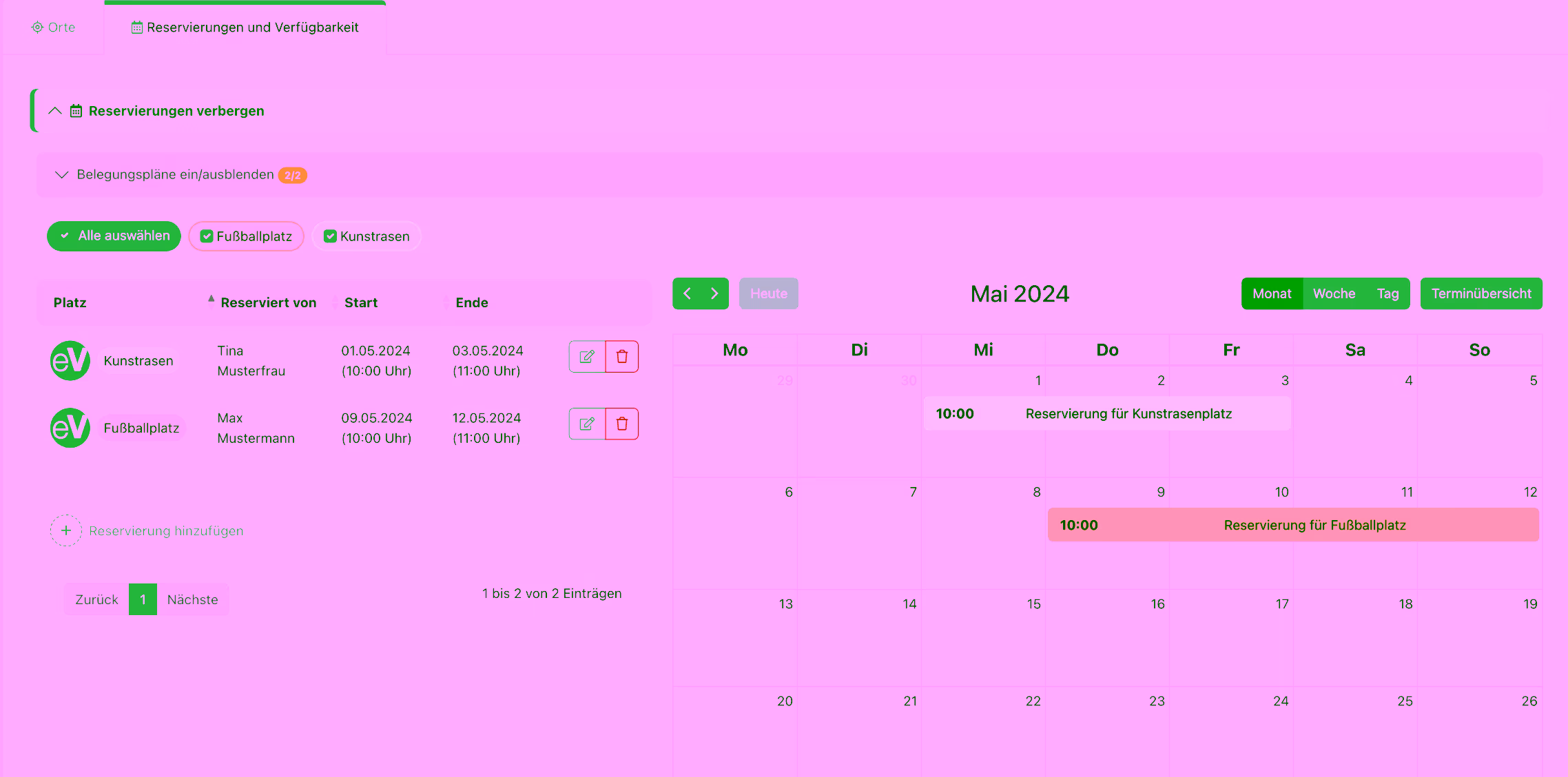 Screenshot Reservierungen
