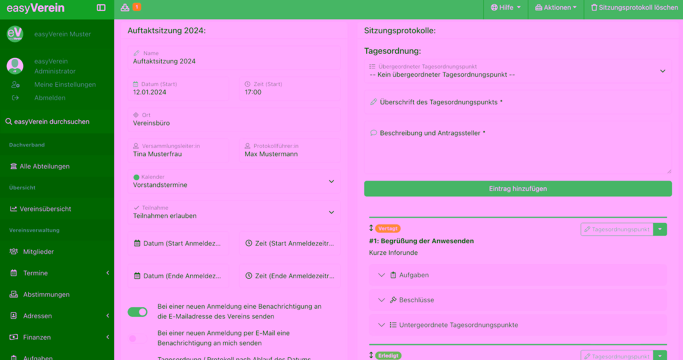 Screenshot Sitzungen und Protokolle