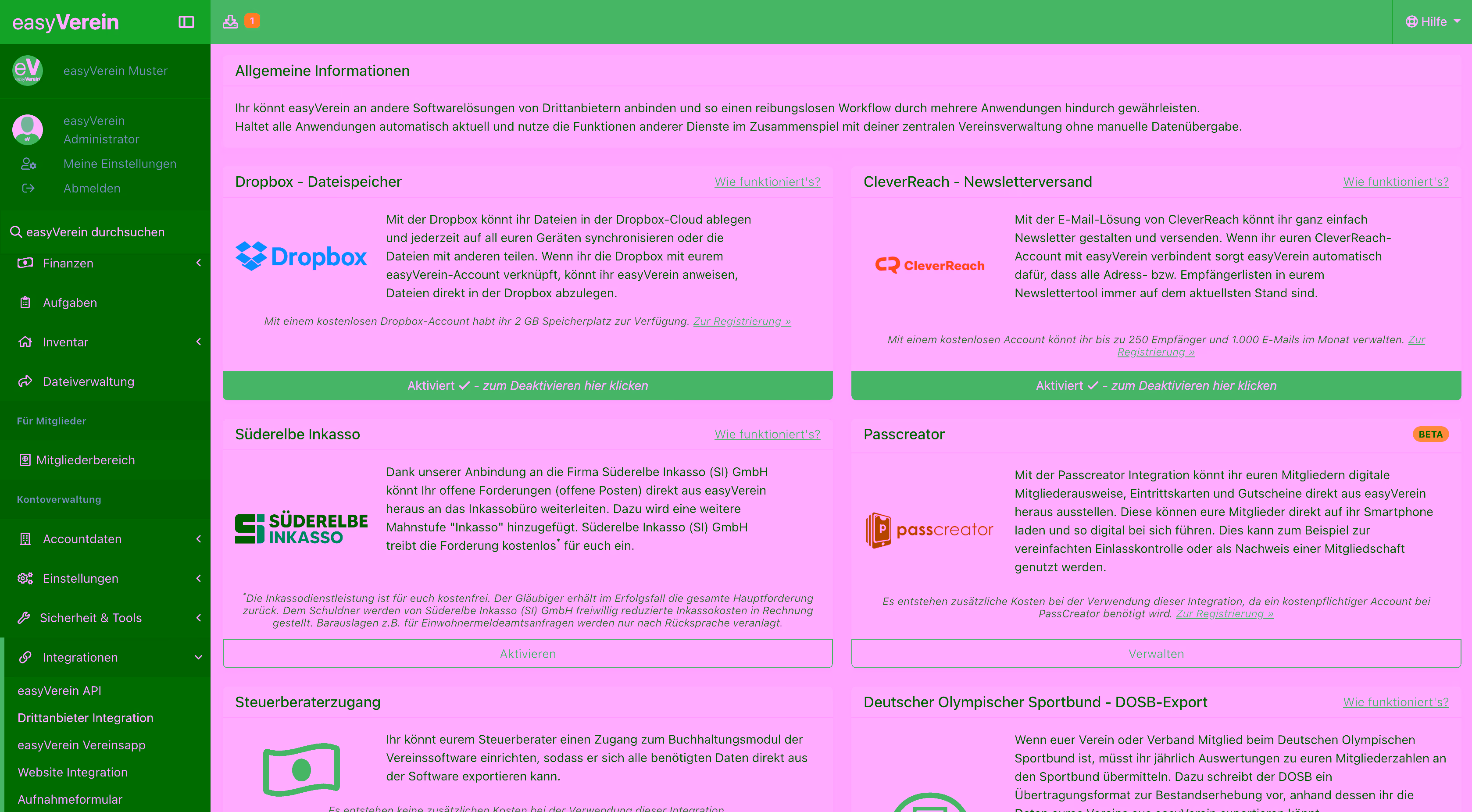 Screenshot Integrationen und Apps