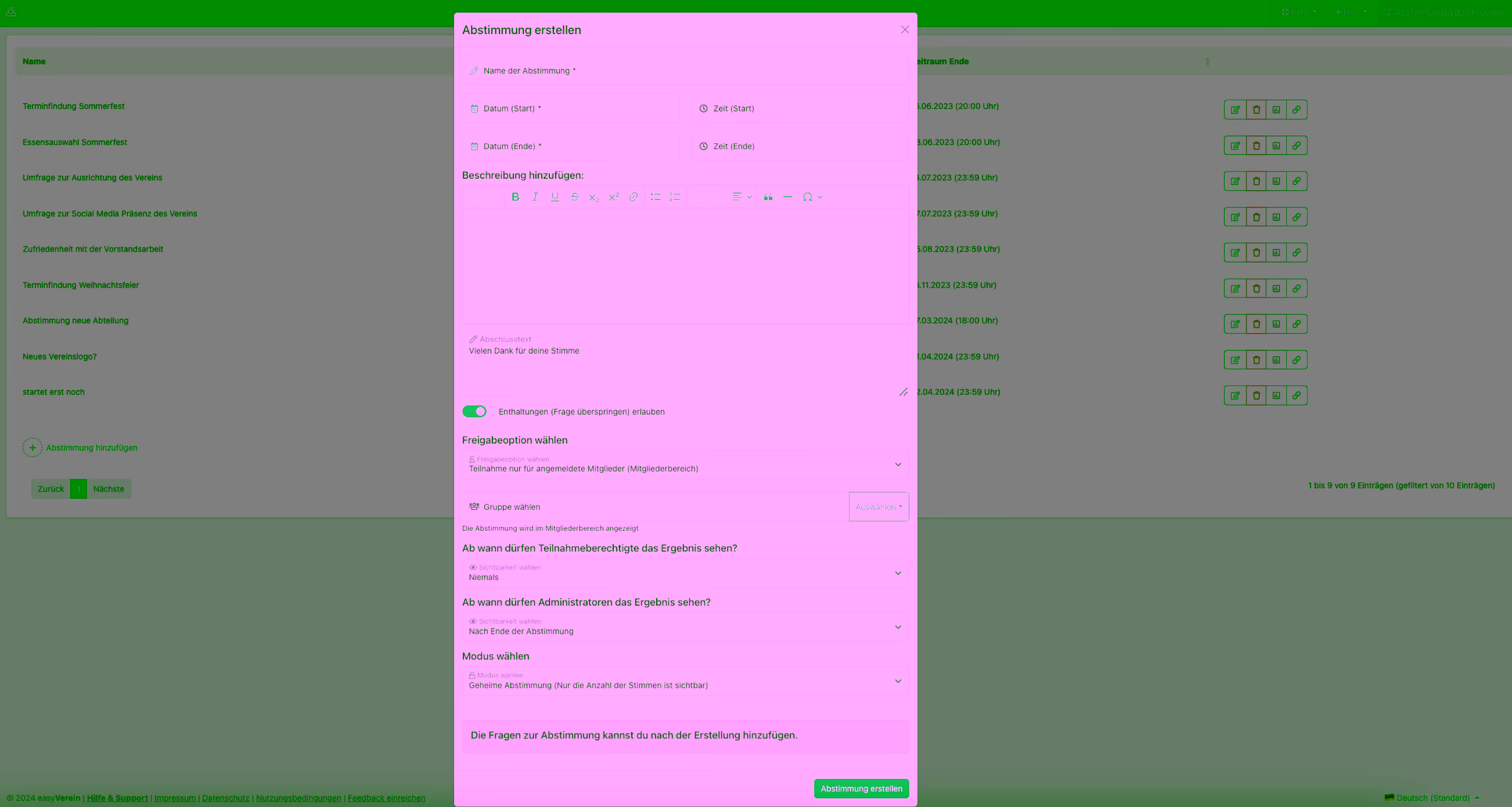 Screenshot Abstimmung erstellen